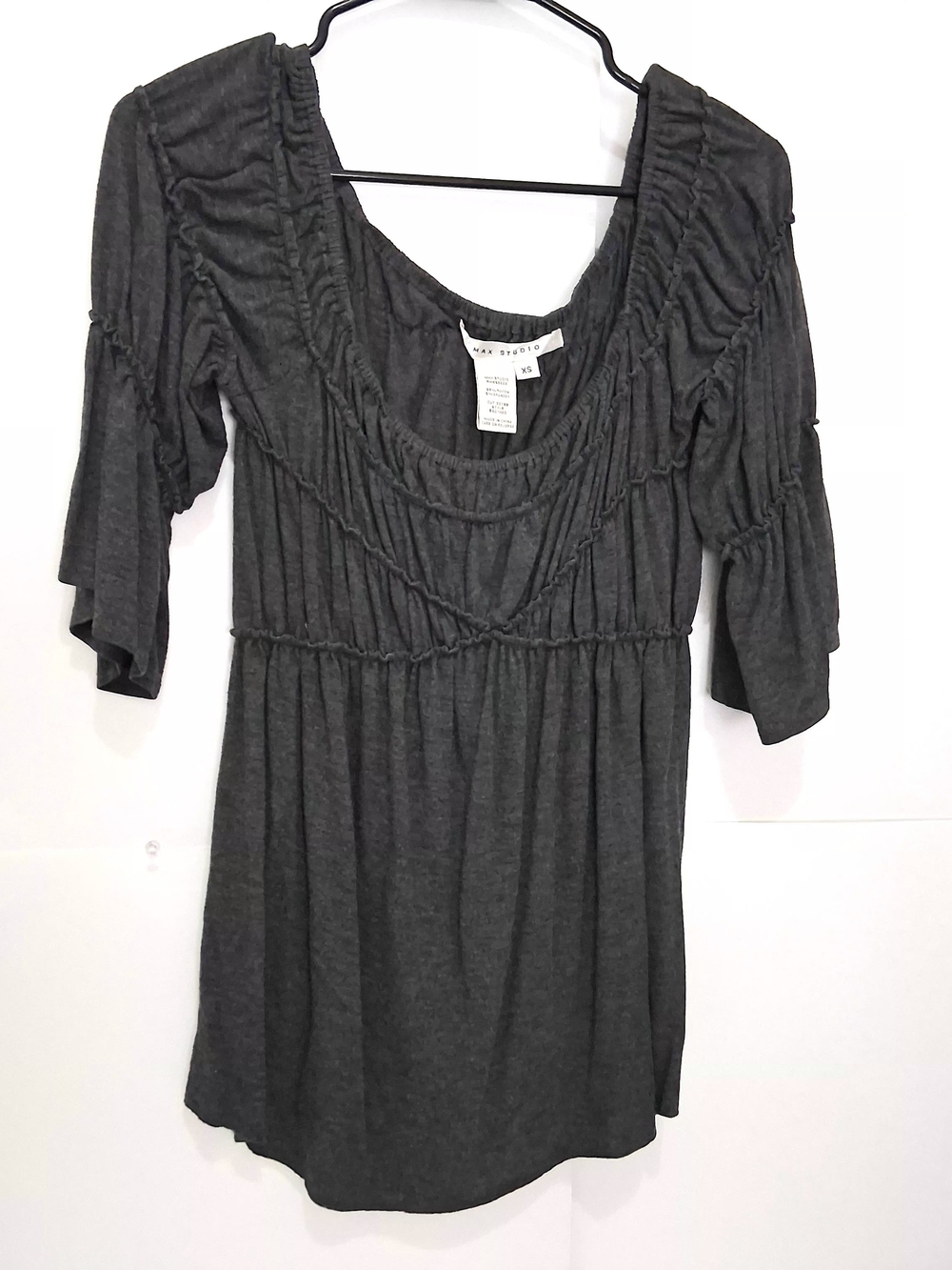 Max Studio Charcoal Ruched Scoop-Neck Peasant Top Size XS